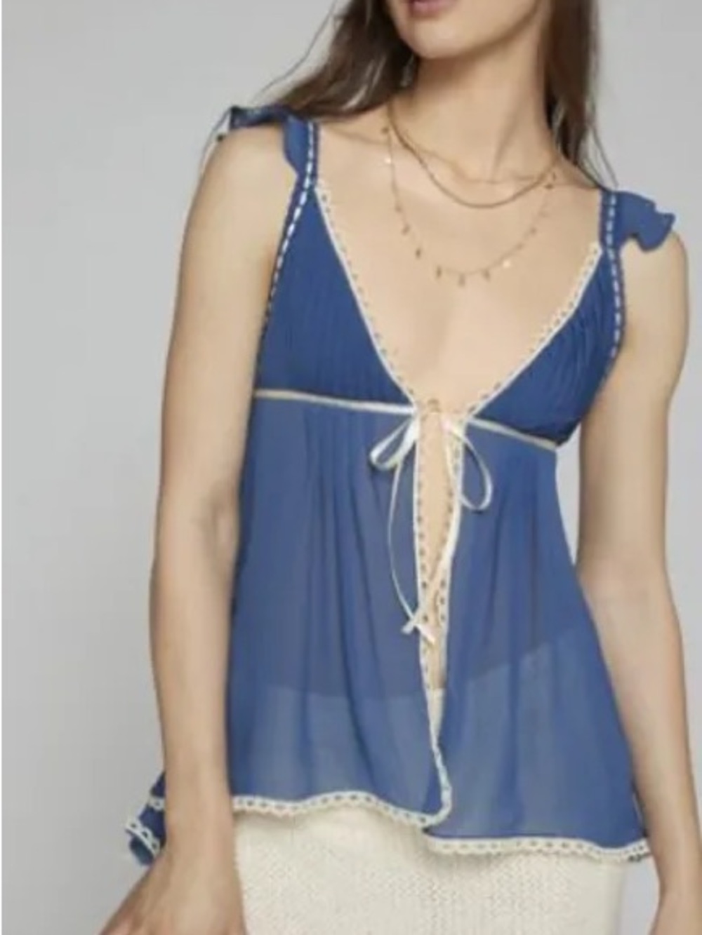 NWT Kimchi Blue babydoll Blue Camisole with Cream Lace Trim